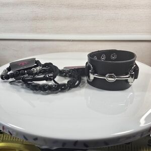Men's Black Leather Bracelet Set